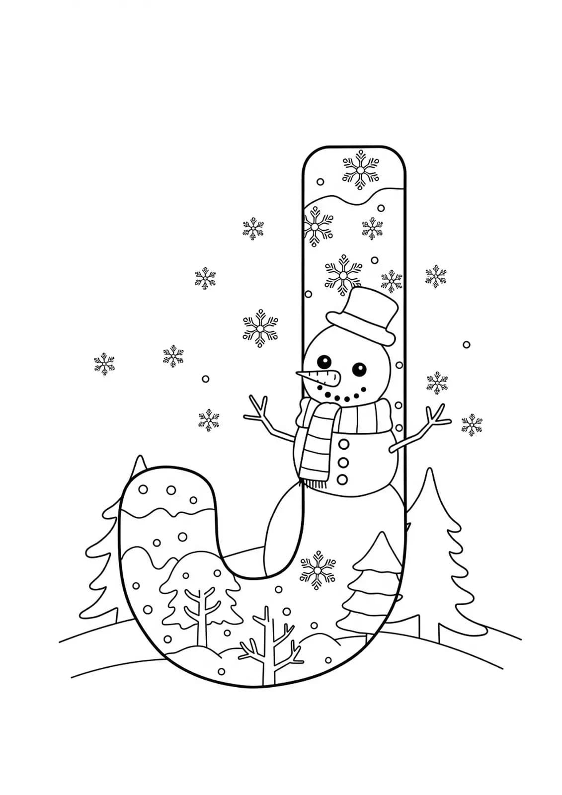 Coloring page with the letter J, snowman, snowflakes, and winter scene for preschoolers.