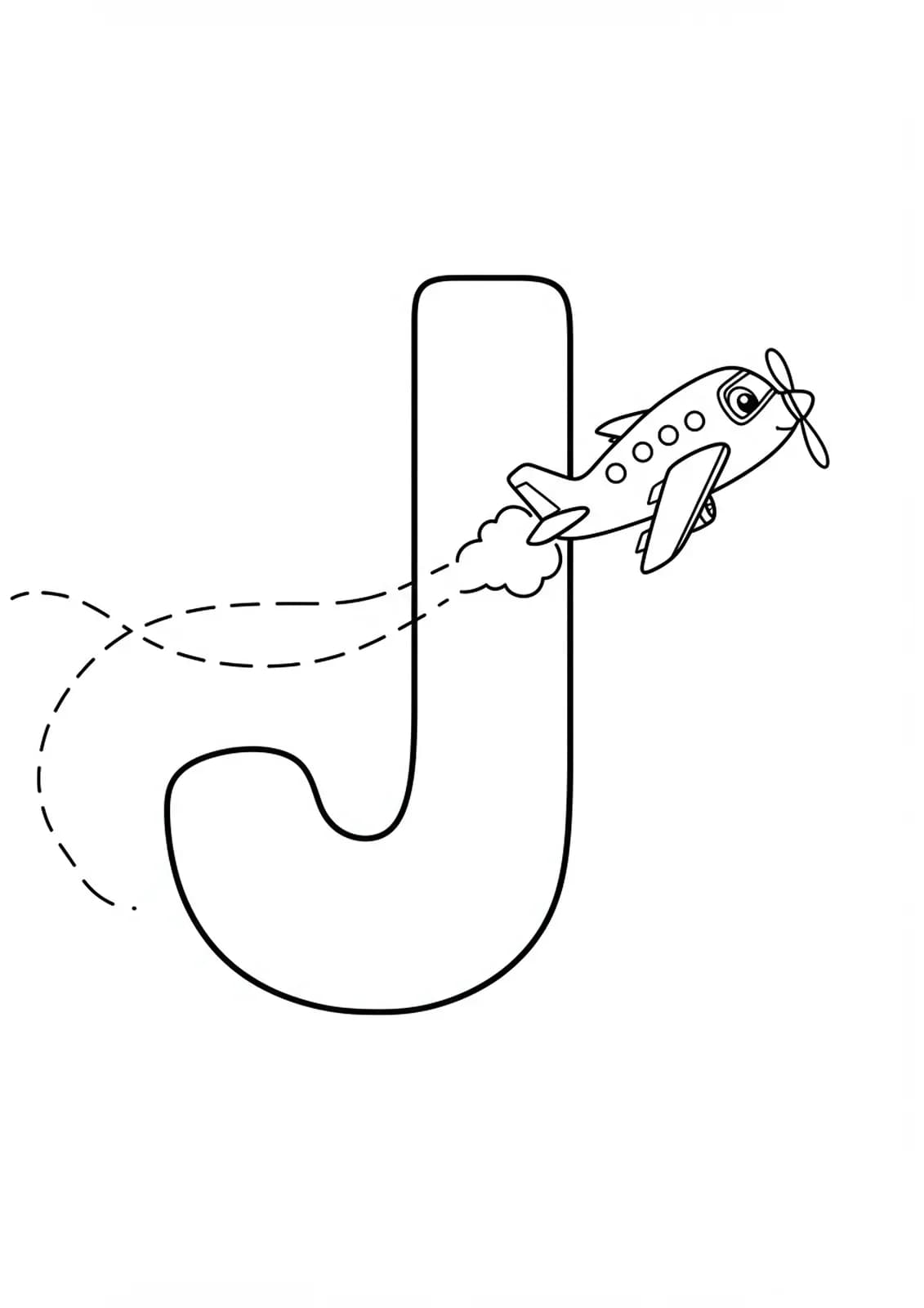 Coloring page of a large letter J with a cute jet plane flying next to it.