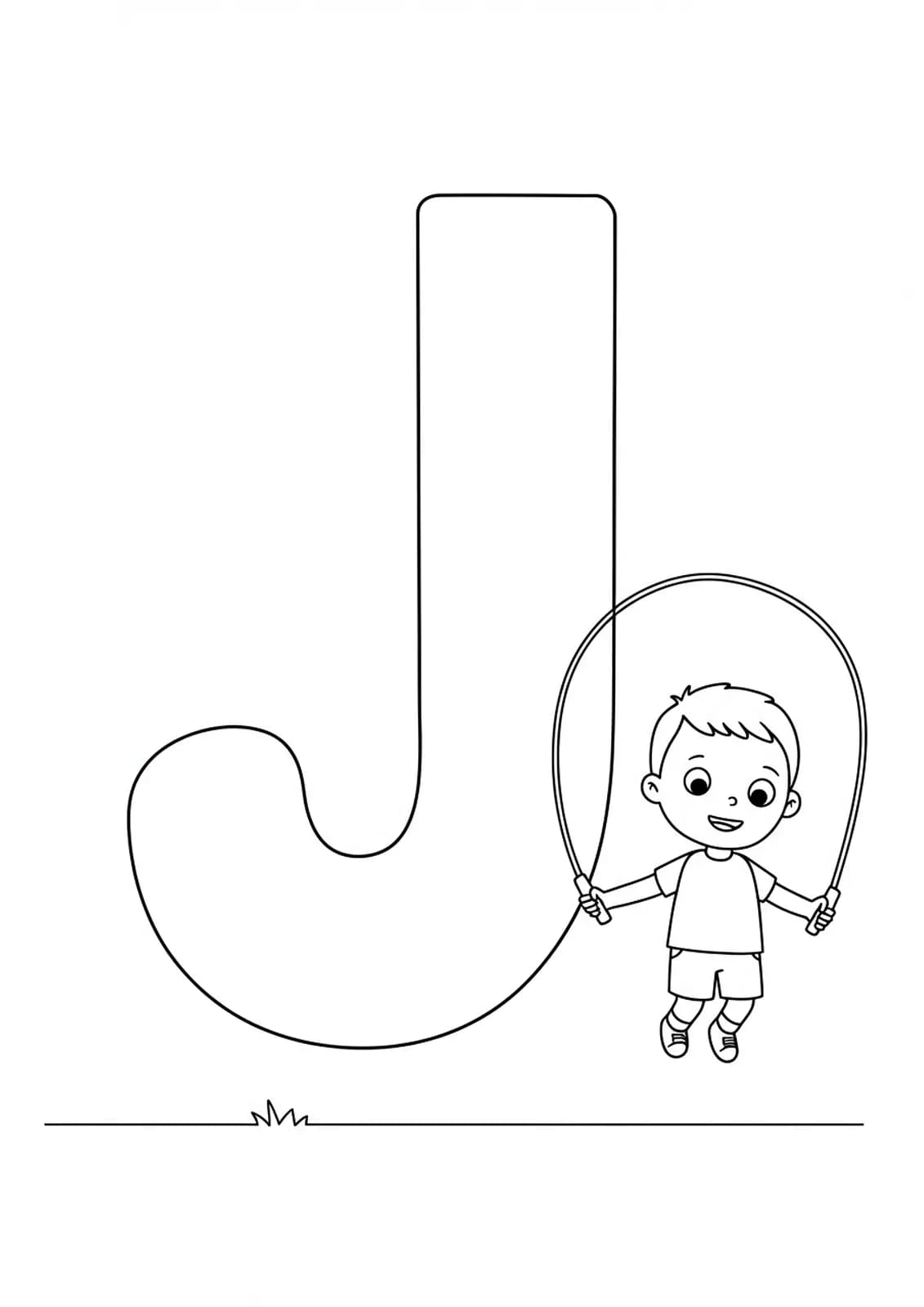 Coloring page of a large letter J with a child using a jump rope.