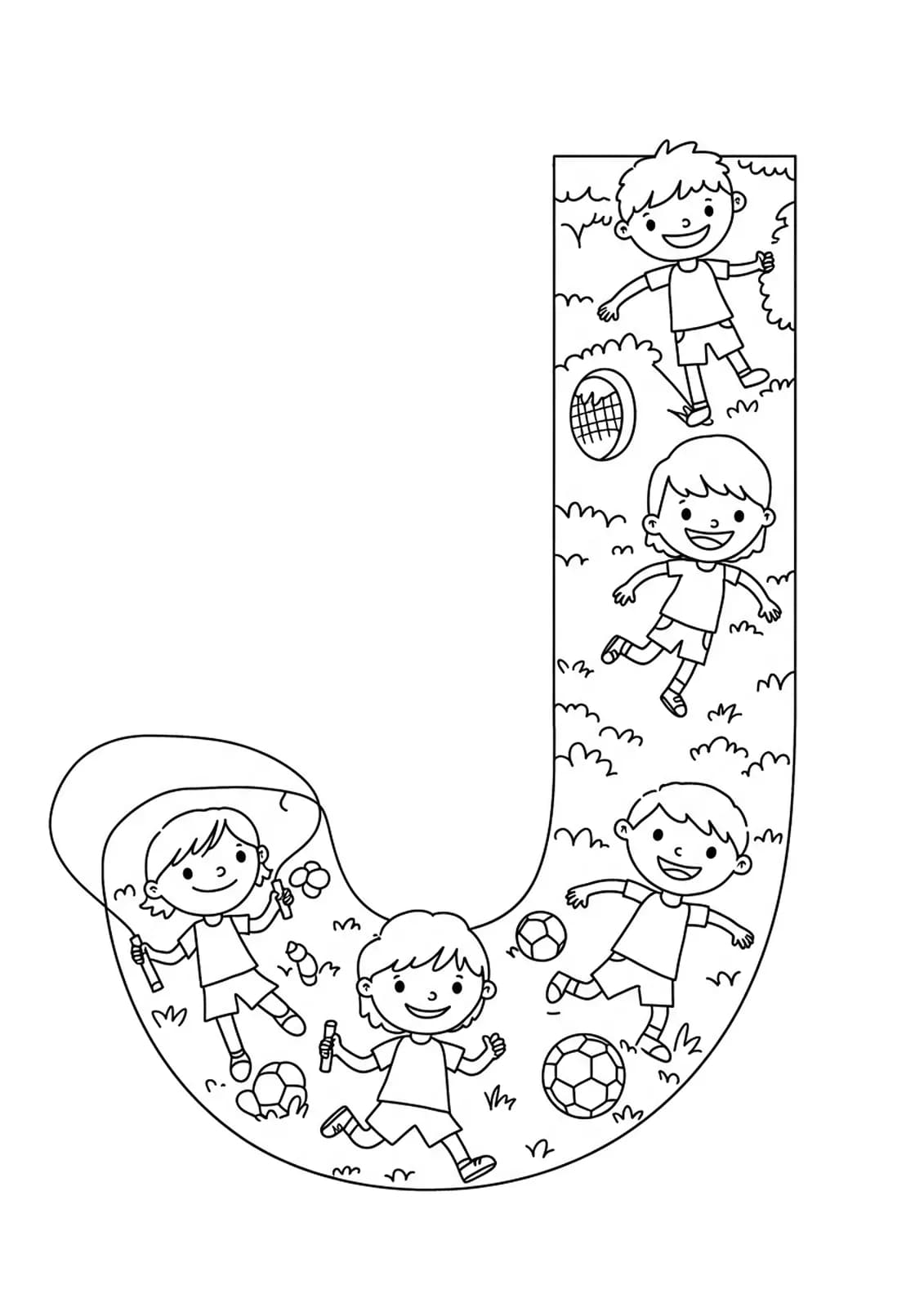 Coloring page with the letter J, kids jogging, jump ropes, and sports equipment for preschoolers.