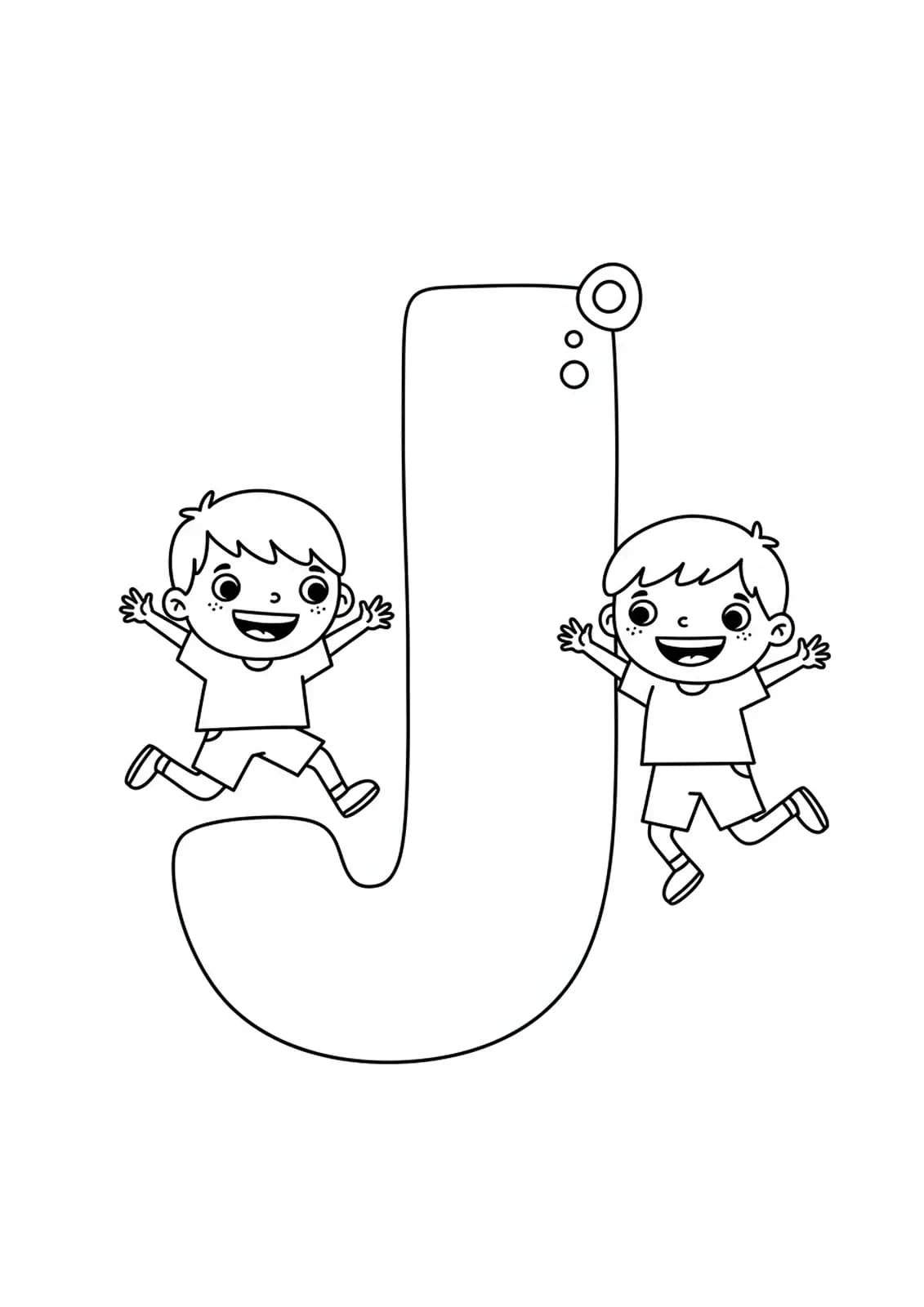 Coloring page of a big letter J with two happy children jumping beside it.