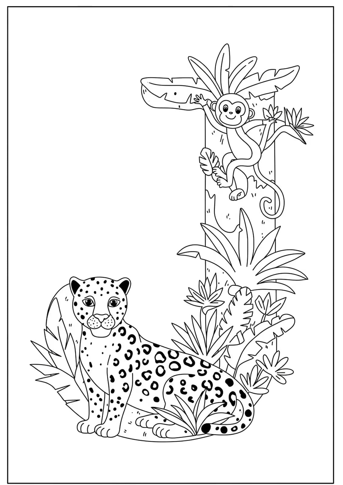 Black and white coloring page with the letter J, jaguar, monkey, and jungle plants for preschoolers.