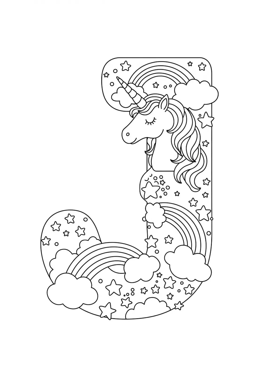 Coloring page with a medium-detail letter J, a unicorn, rainbows, and stars for elementary children.