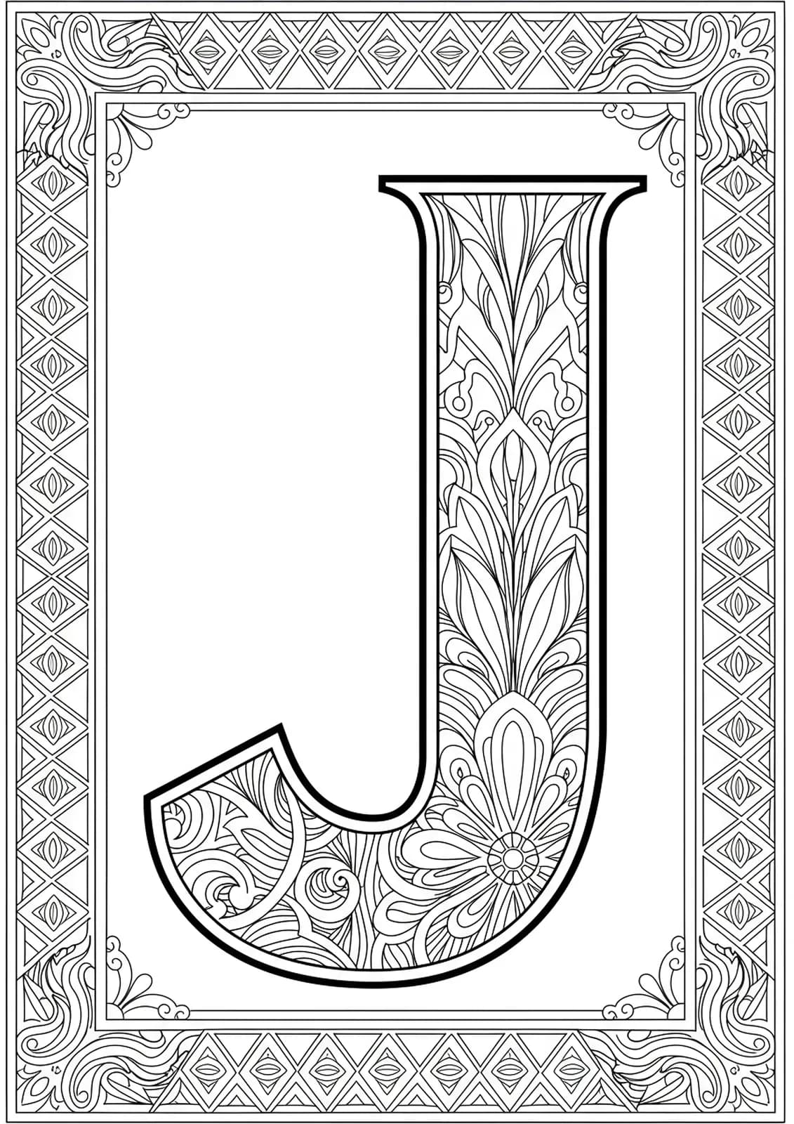 Letter J surrounded by geometric and ornamental Art Deco patterns, medium complexity line art for adult coloring.