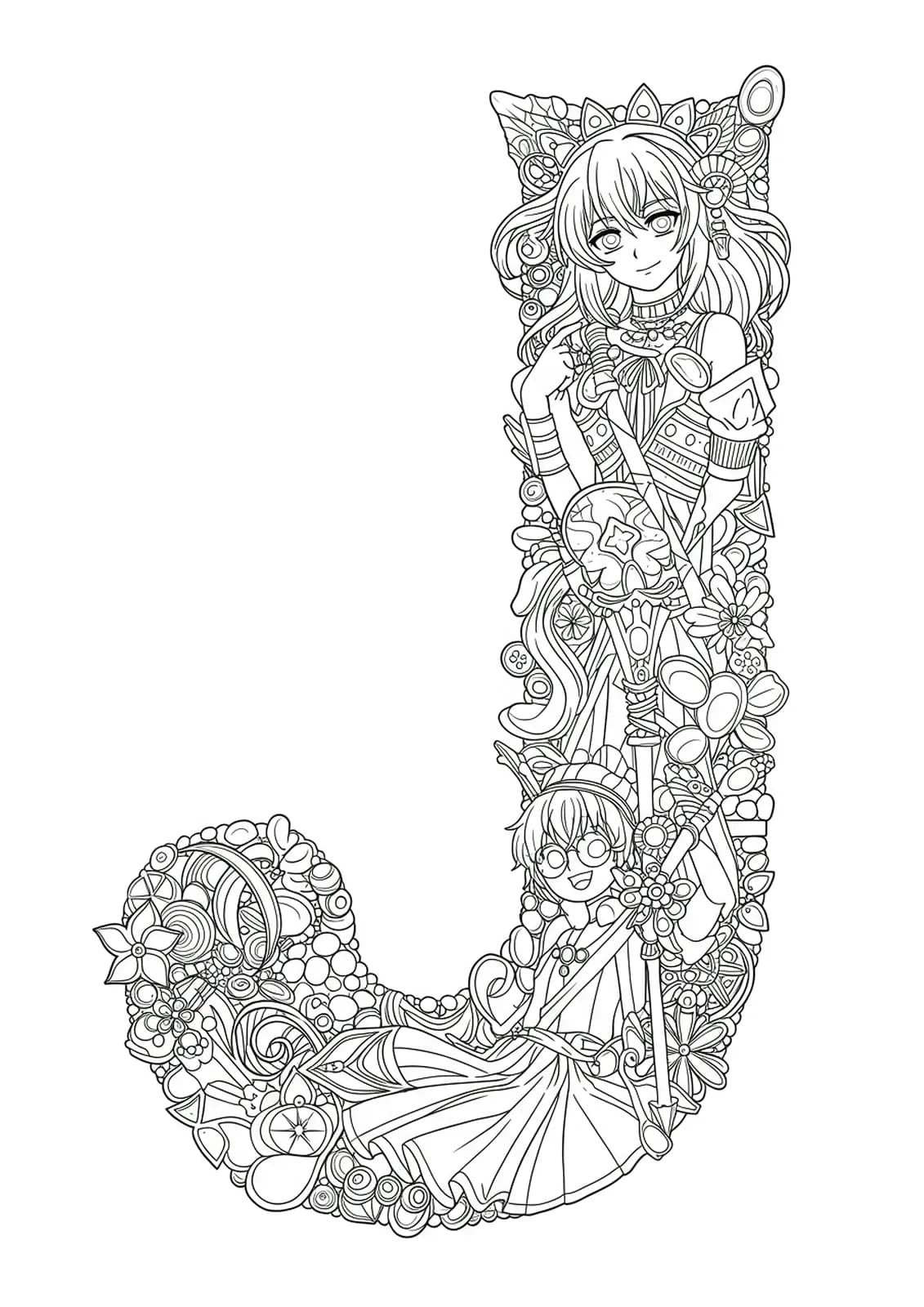 Letter J with elaborate anime costume patterns, wigs, accessories, and manga backgrounds
