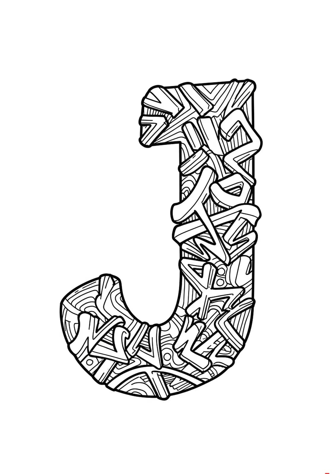 Intricate letter J with Japanese street style graffiti elements, kanji, and complex urban patterns