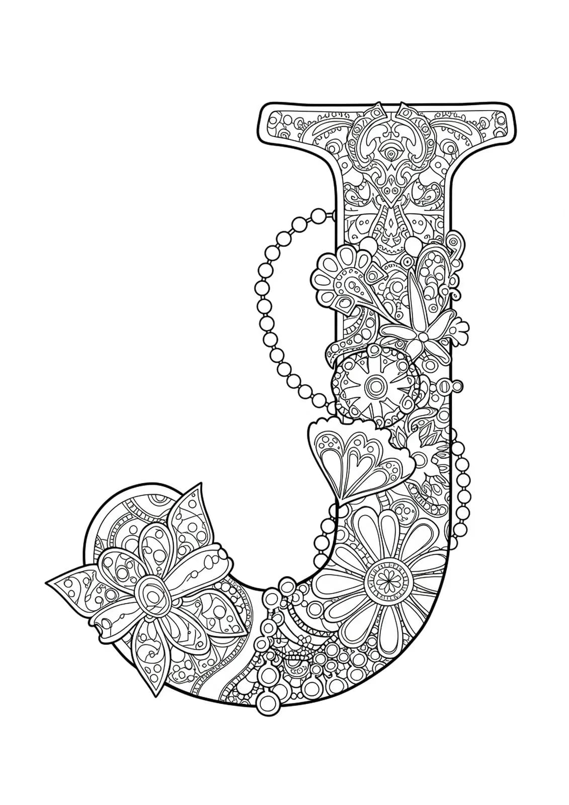 Letter J embellished with detailed jewelry, gems, ornate chains, and filigree patterns