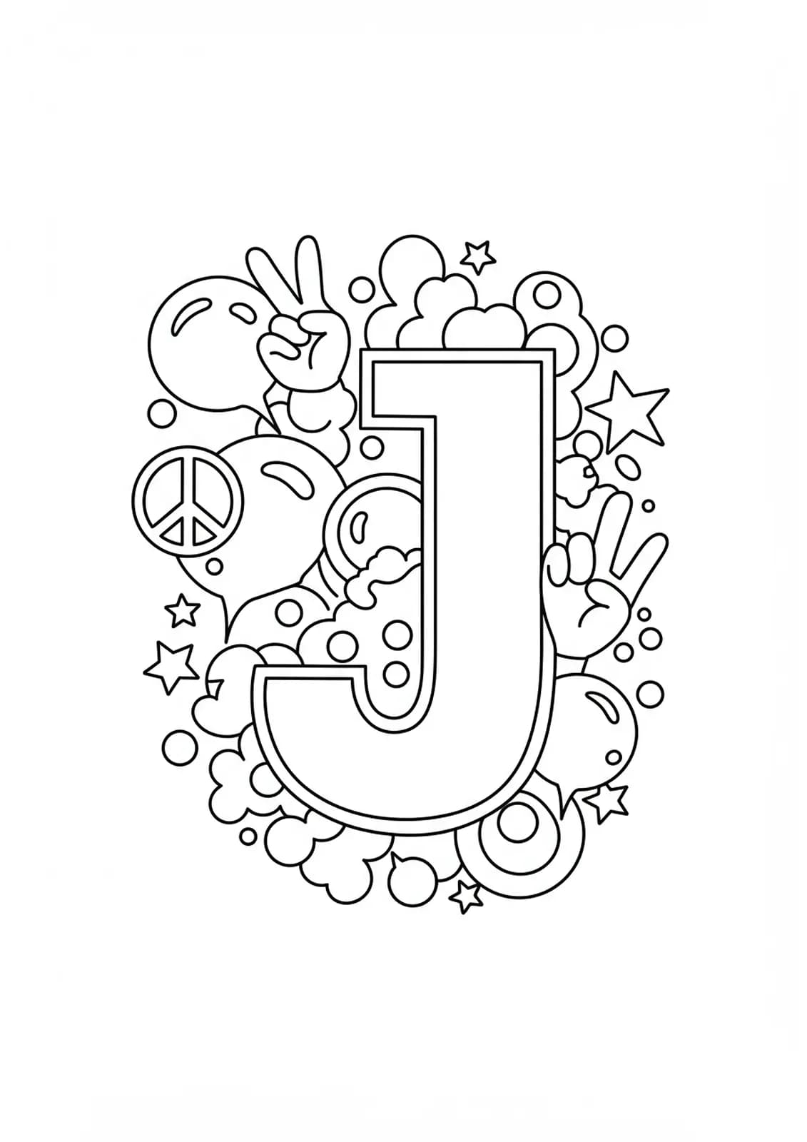 Line art of letter J with retro 70s elements like bubbles, stars, and peace signs
