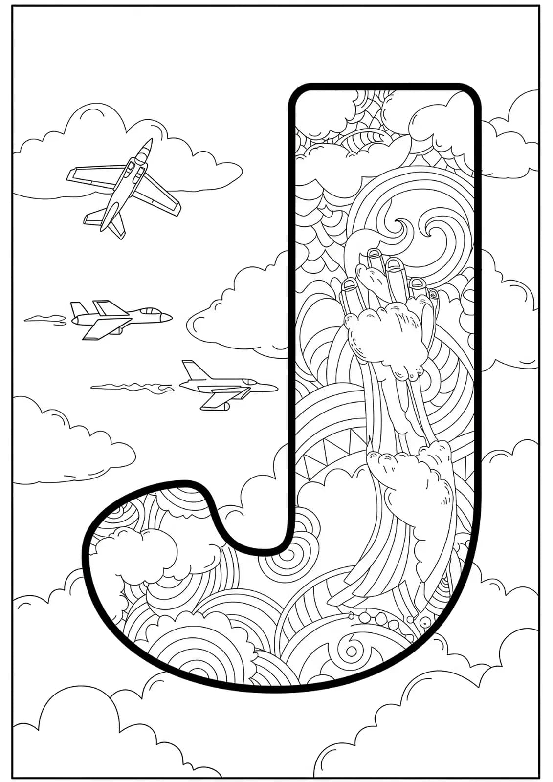 Line art of a large letter J with jet planes, clouds, and detailed sky patterns.