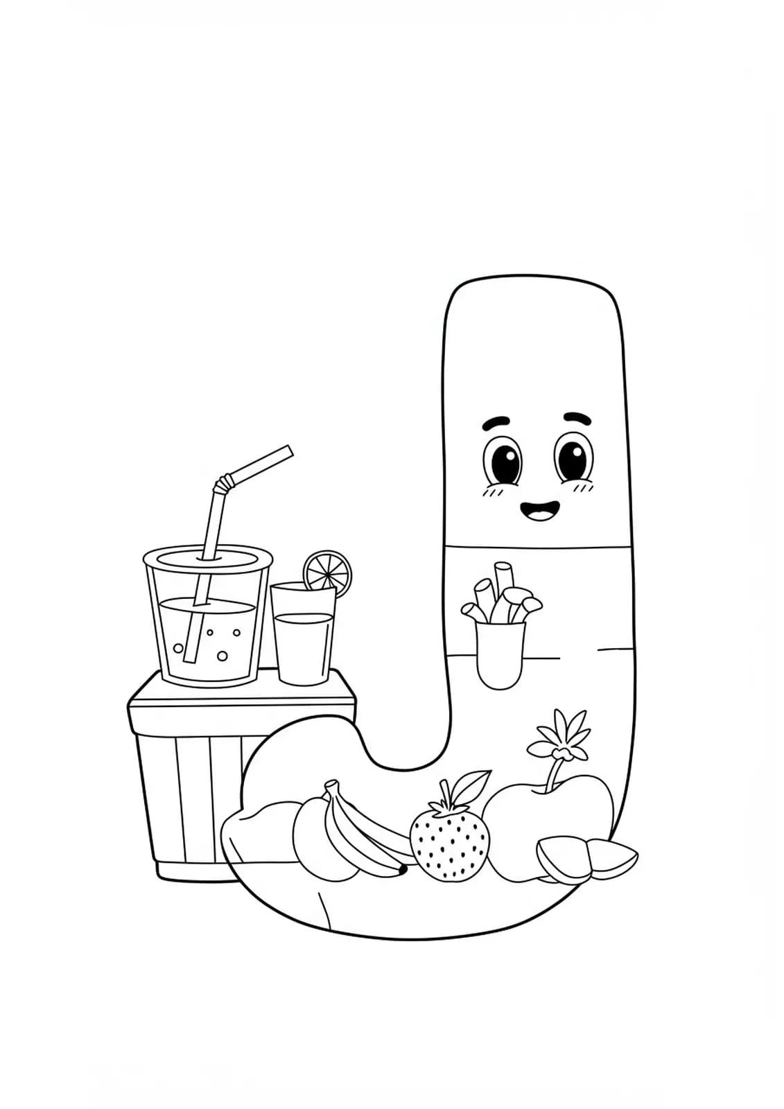 Coloring page with a big letter J, a juice stand, and a smiling juice cup with fruit, for elementary kids.