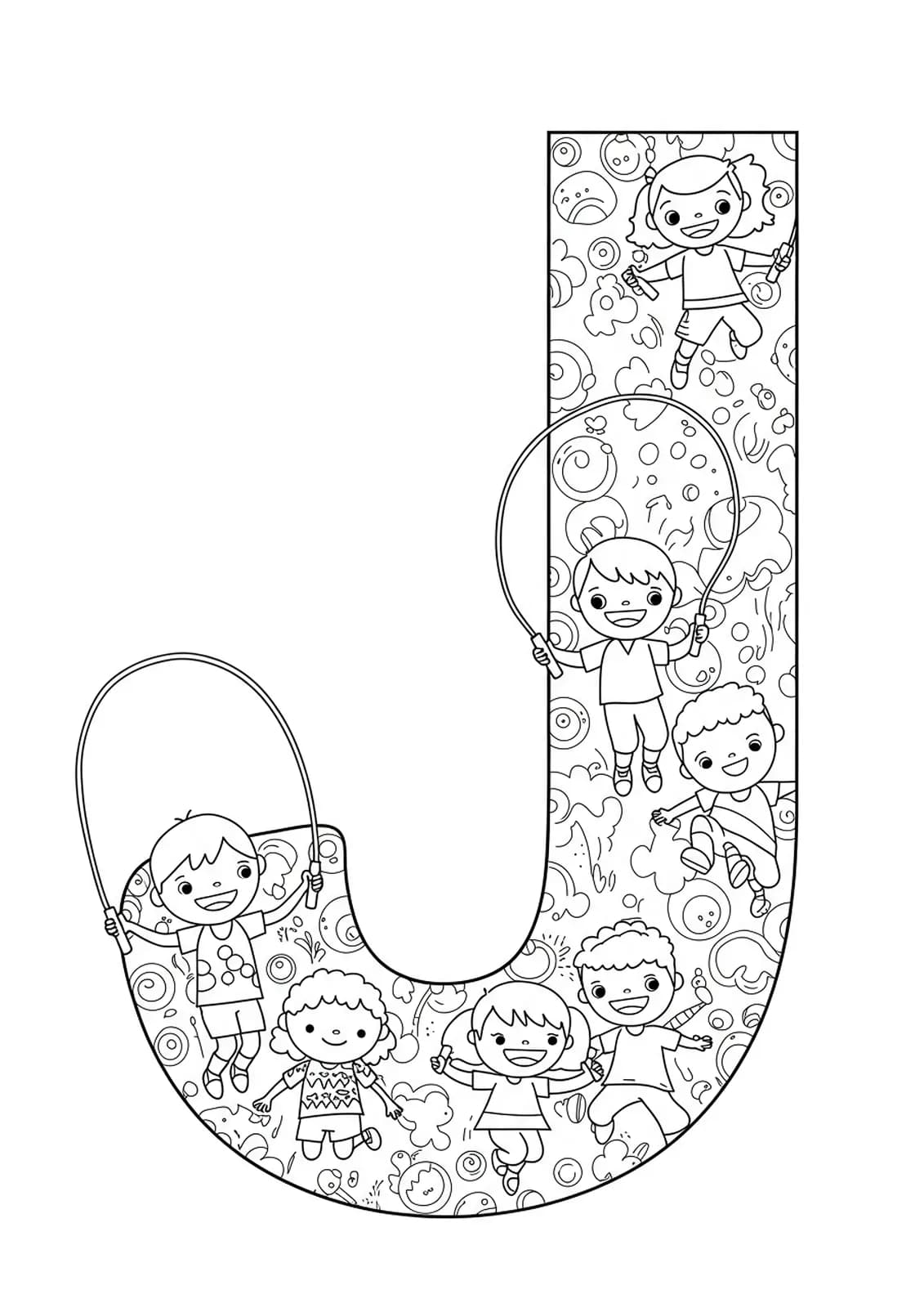 Line art of a large letter J with hopping children, jumping ropes, and detailed shoe patterns.