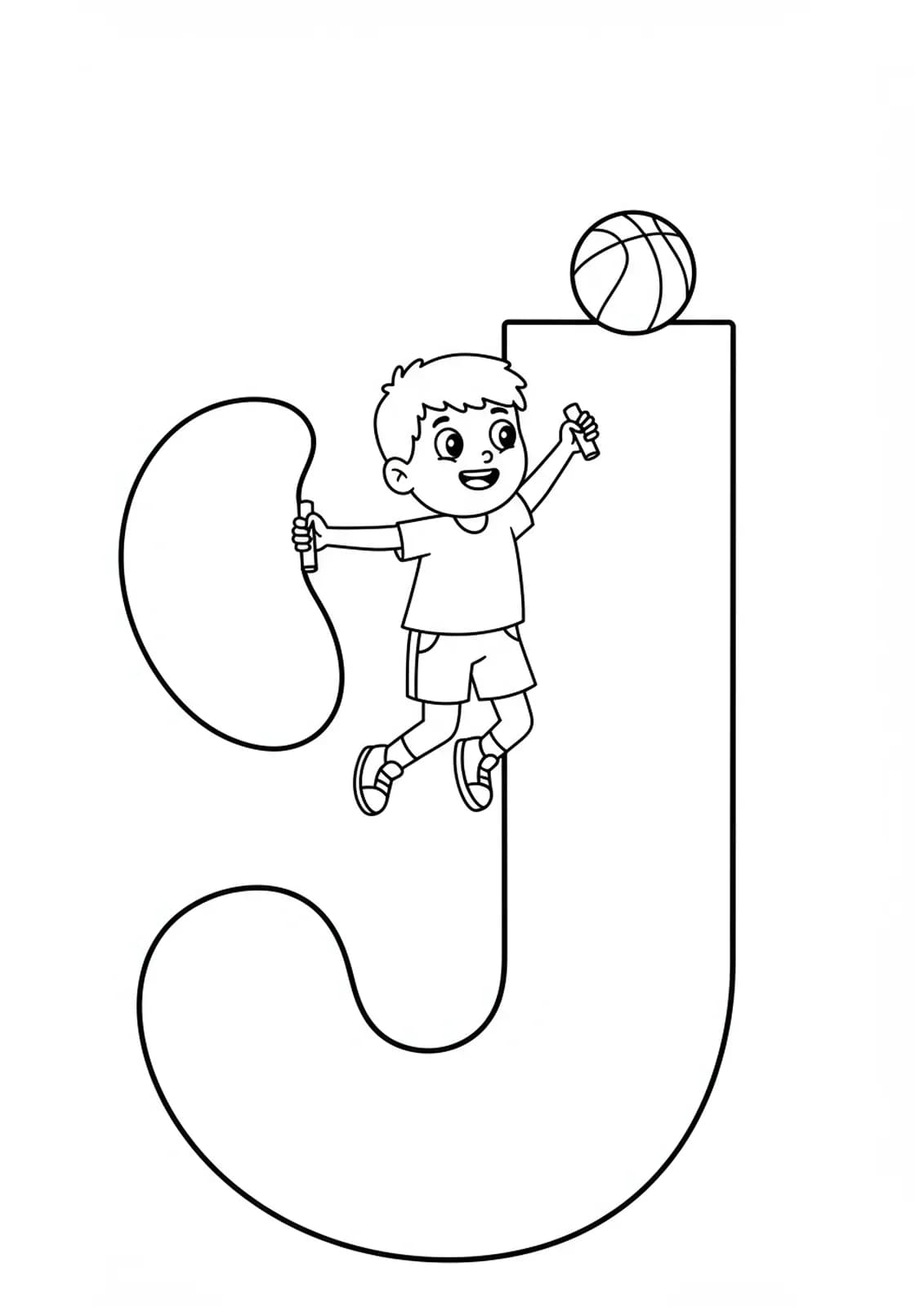 Coloring page showing a large letter J, a child jumping rope, and a basketball, tailored for elementary children.