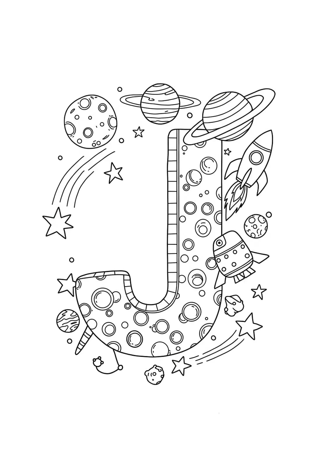 Letter J with planets, rockets, and stars in outer space, medium-level black and white coloring page for adults.