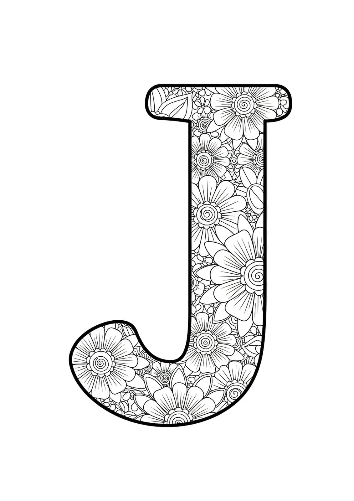 Easy floral mandala-themed letter J coloring page for teens with large outlines.