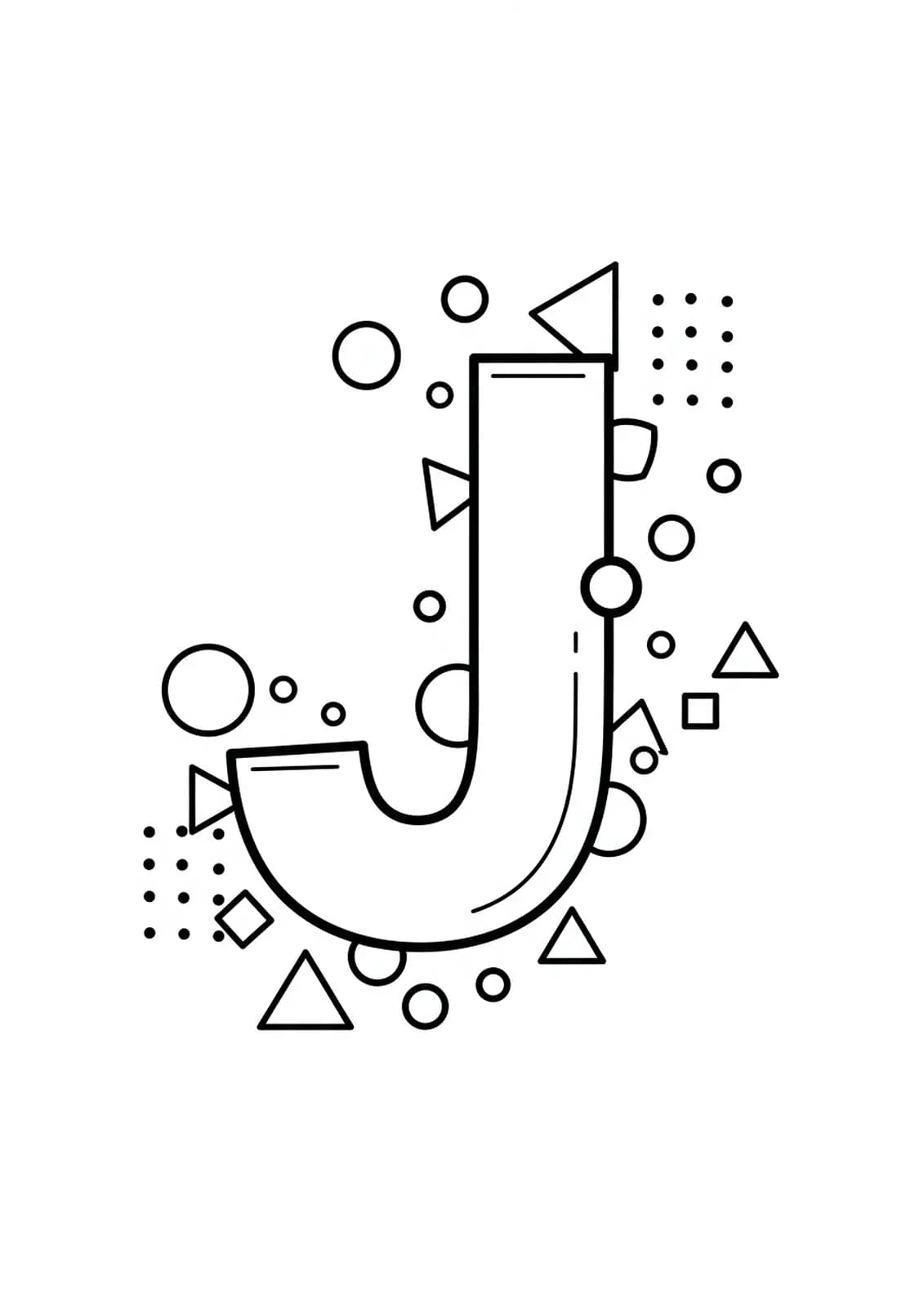 Line art of the letter J with geometric shapes like circles, triangles, and squares around it