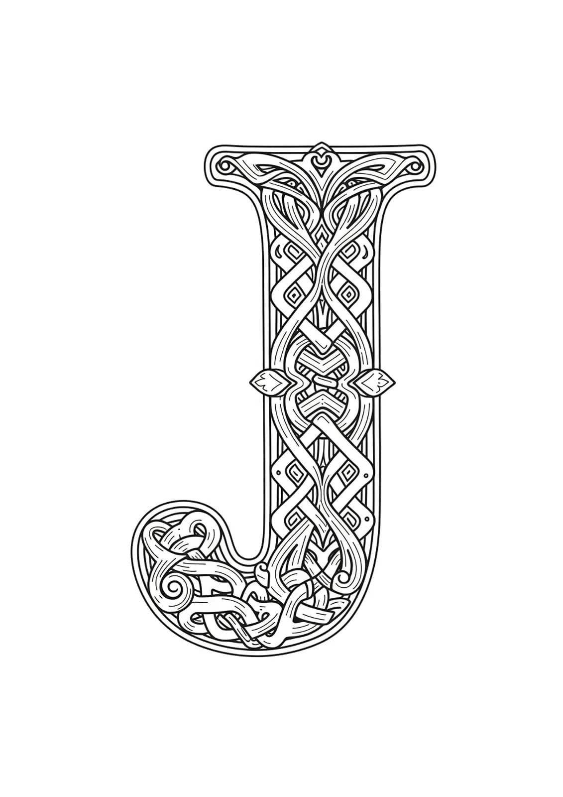 Letter J intricately entwined with complex Celtic knot patterns and loops.
