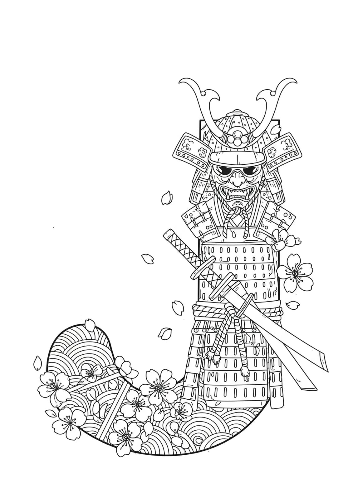 line art letter J with katana swords, samurai helmet, armor, and cherry blossoms