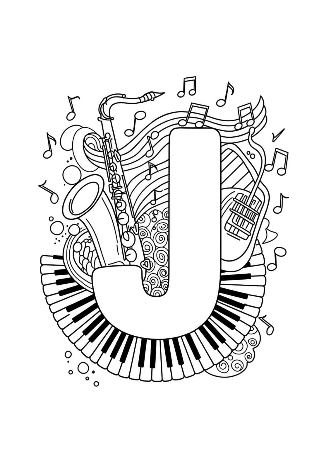 line art of letter J with saxophones, musical notes, piano keys, and jazzy accents