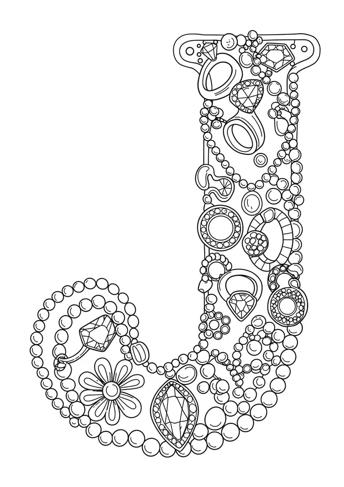 line art letter J decorated with rings, necklaces, gemstones, and detailed jewelry patterns