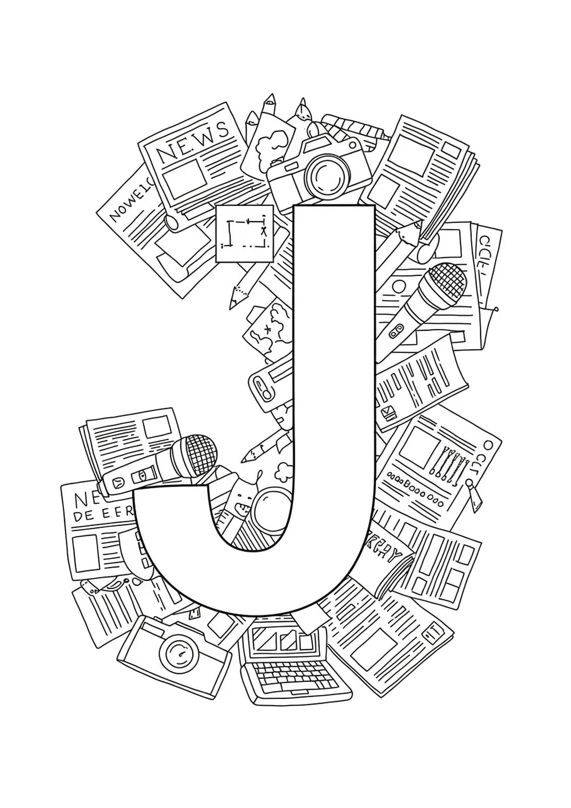 line art letter J surrounded by microphones, cameras, newspapers, notepads, and laptops