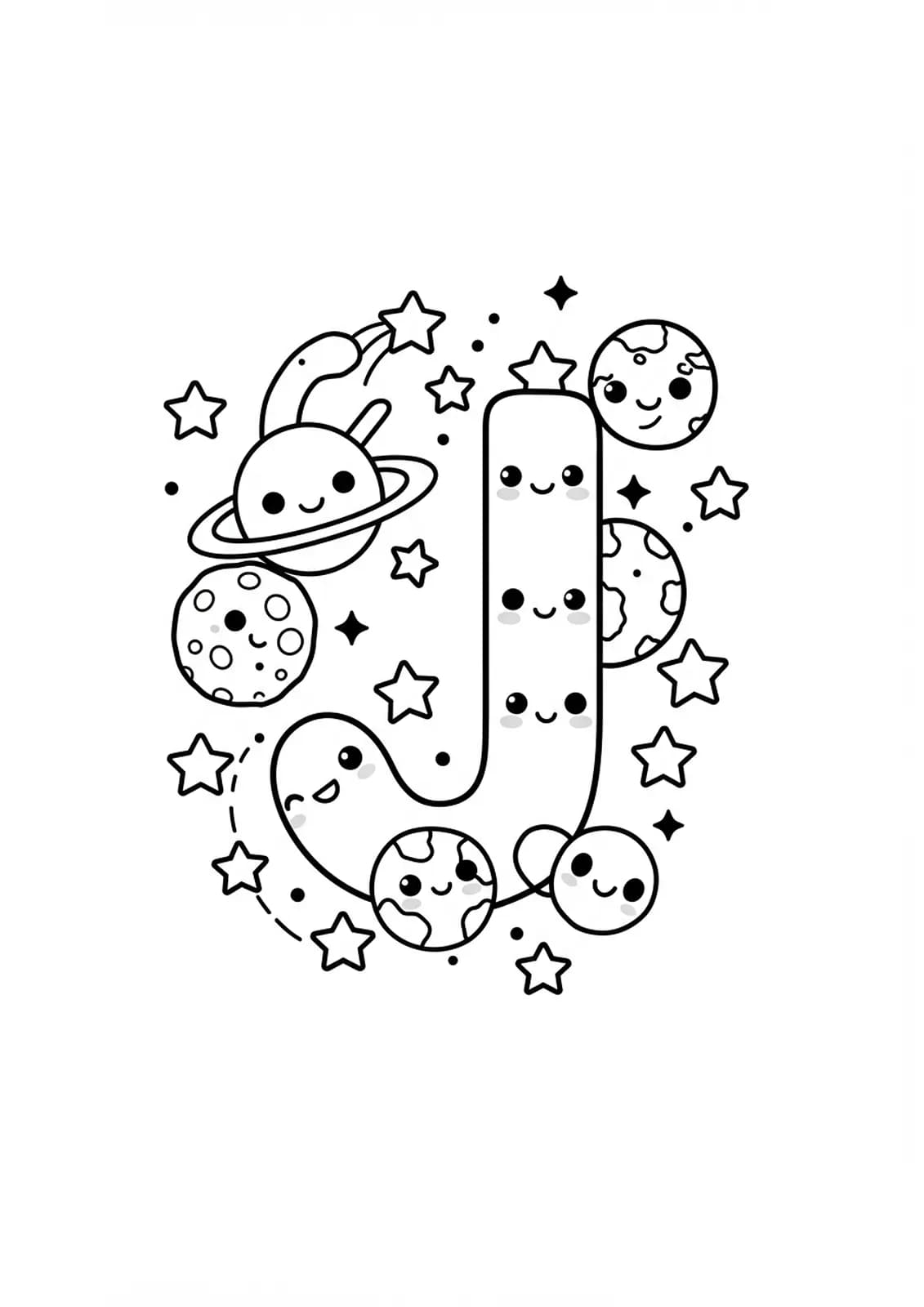 Kawaii galaxy planet themed letter J coloring page for teens with easy, cute outlines.