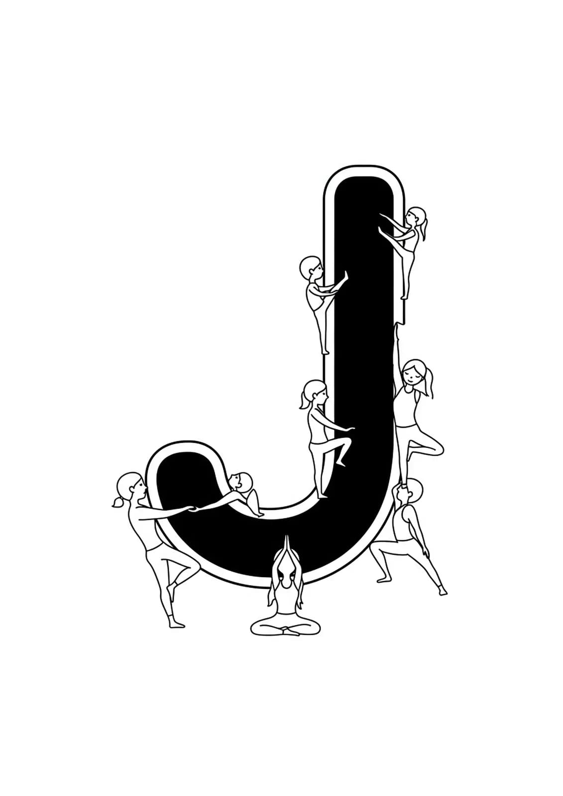 Easy yoga-themed letter J coloring page for teens with simple pose outlines.