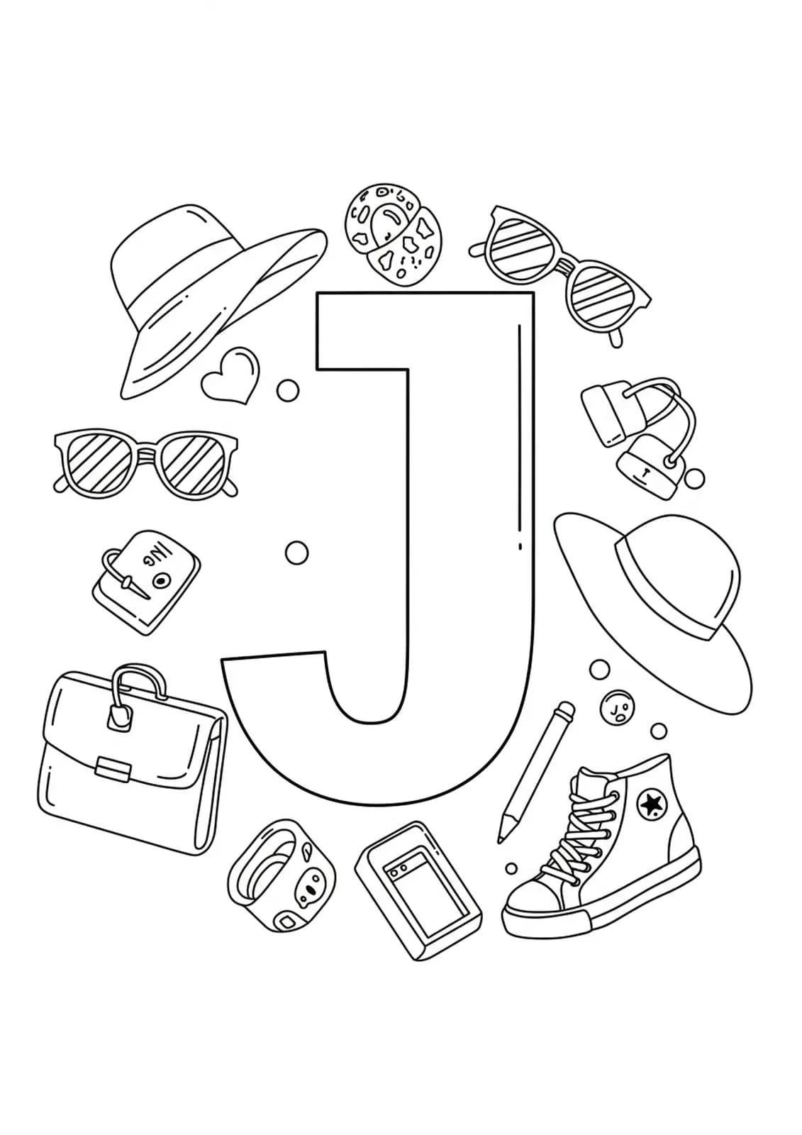 Letter J coloring page with easy fashion accessory outlines for teens.