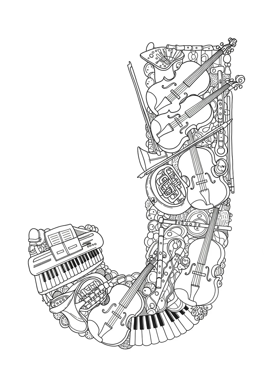 Letter J formed from and surrounded by intricate illustrations of various musical instruments.