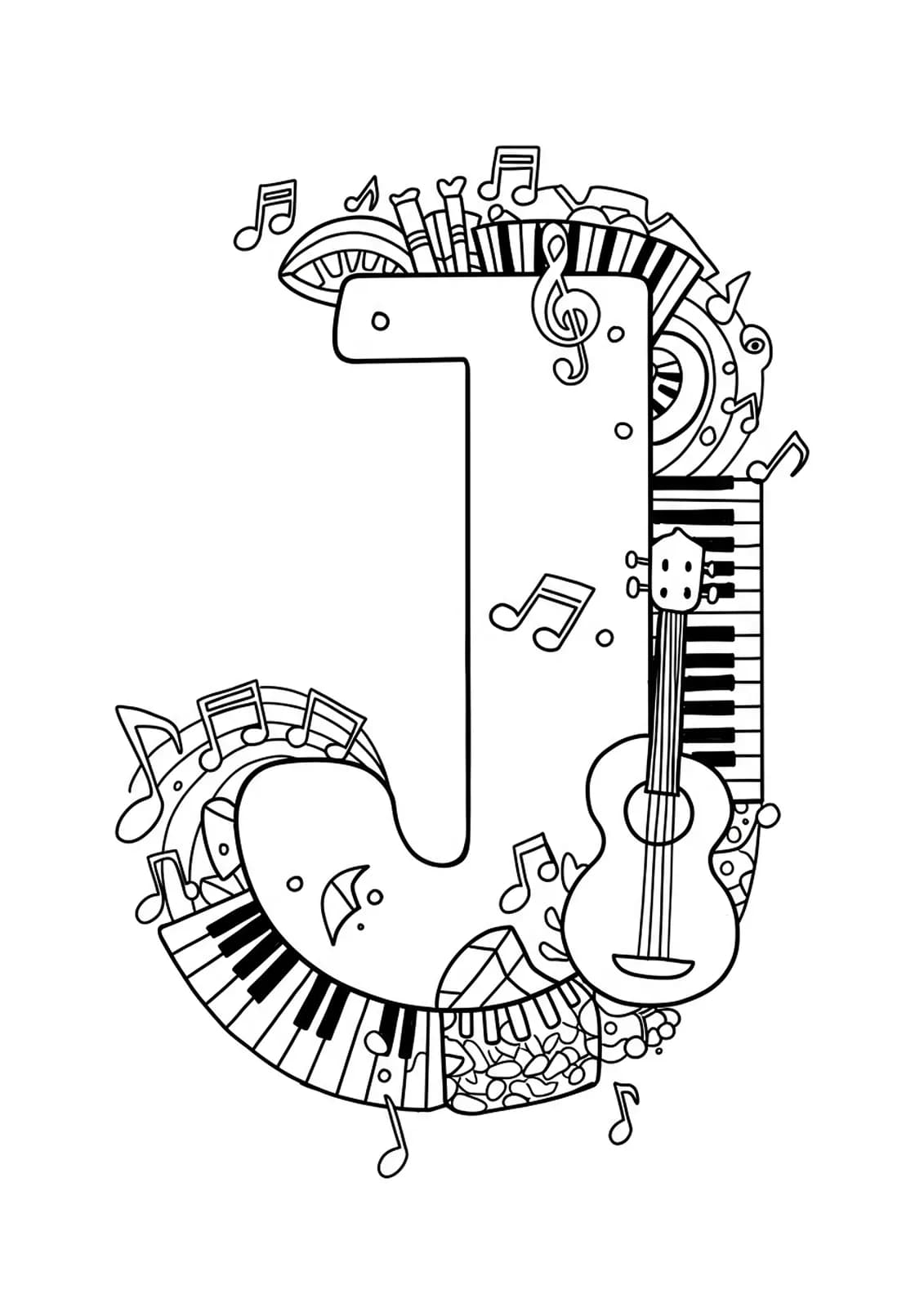 Line art of the letter J surrounded by musical notes and simple instruments, adult easy