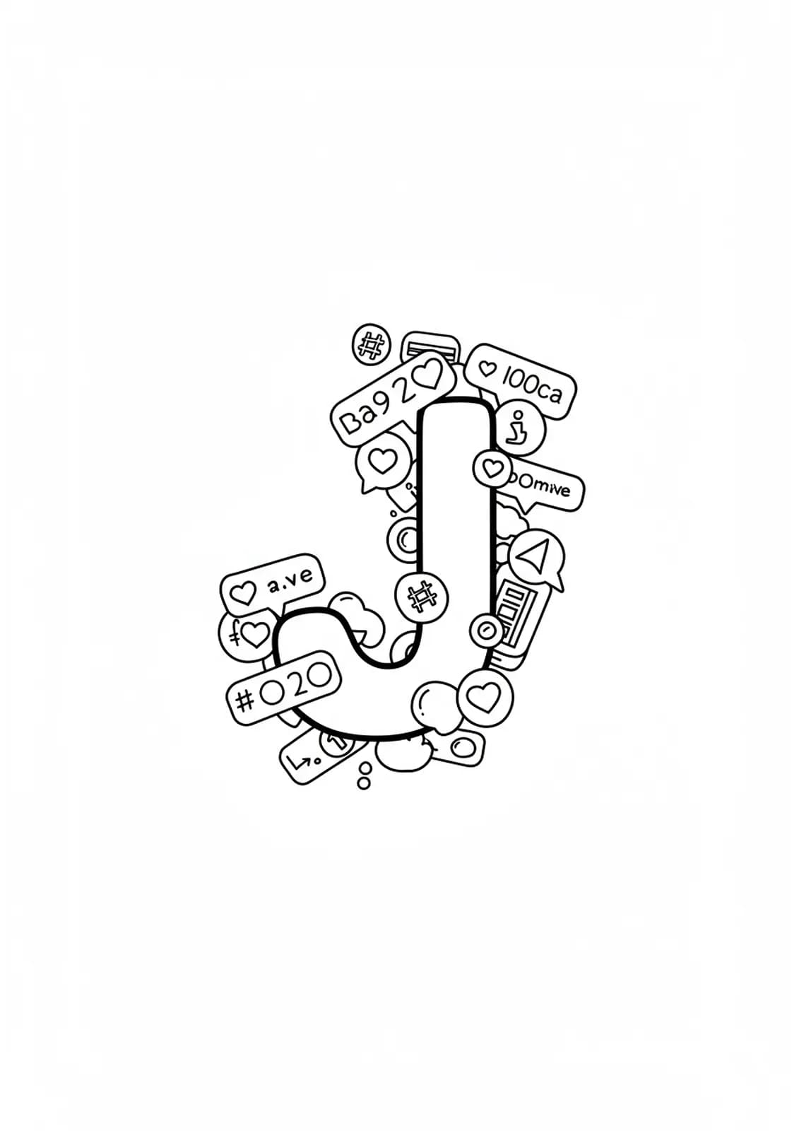 Printable letter J coloring page decorated with simple social media icons for teens.