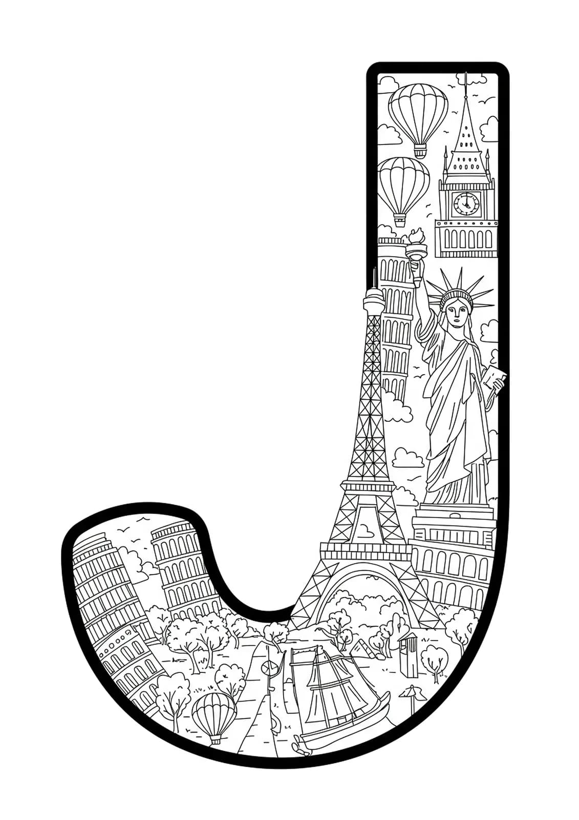 Simple line art of the letter J with famous landmarks like Eiffel Tower and Statue of Liberty