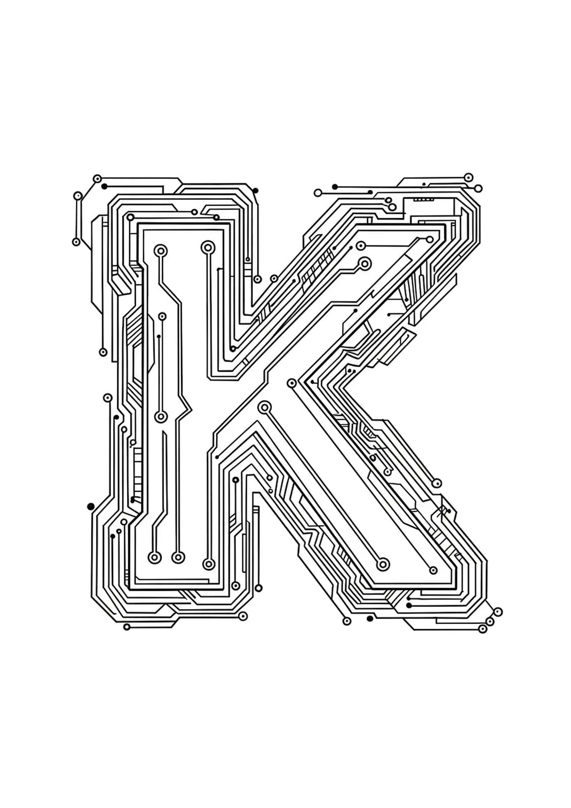 Intricate cyberpunk-style line art with circuitry, microchips, and futuristic tech patterns around the letter K, for adults