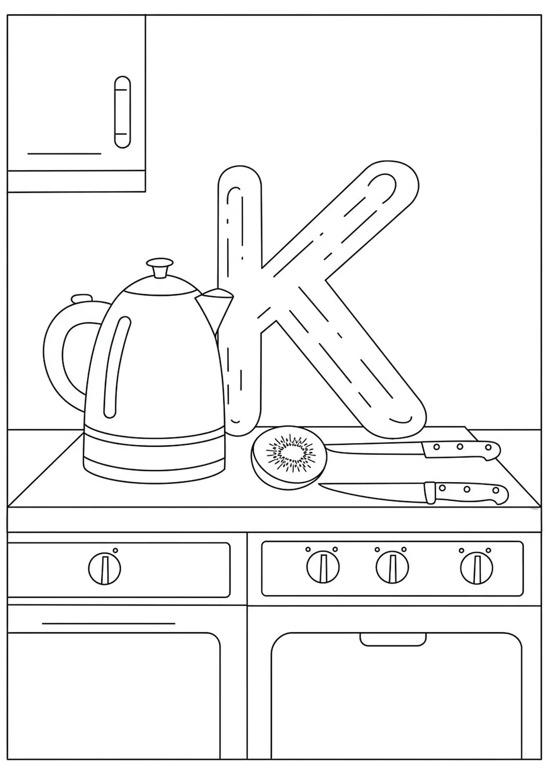 Large letter K with a kettle, knife, and kiwi fruit on a kitchen counter, designed for preschoolers.