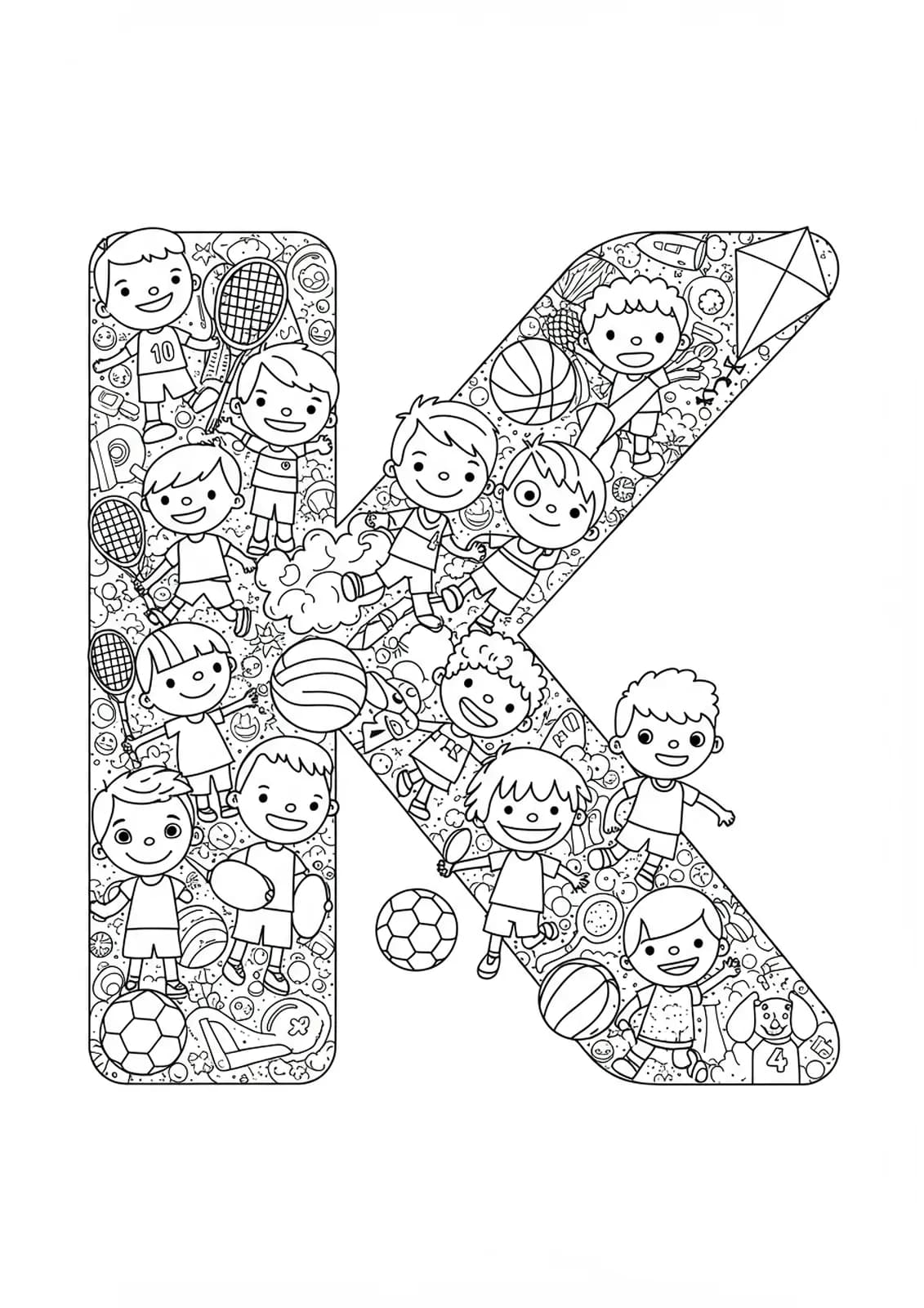 Coloring page of the letter K with detailed kids playing sports, balls, kites, and sports equipment.
