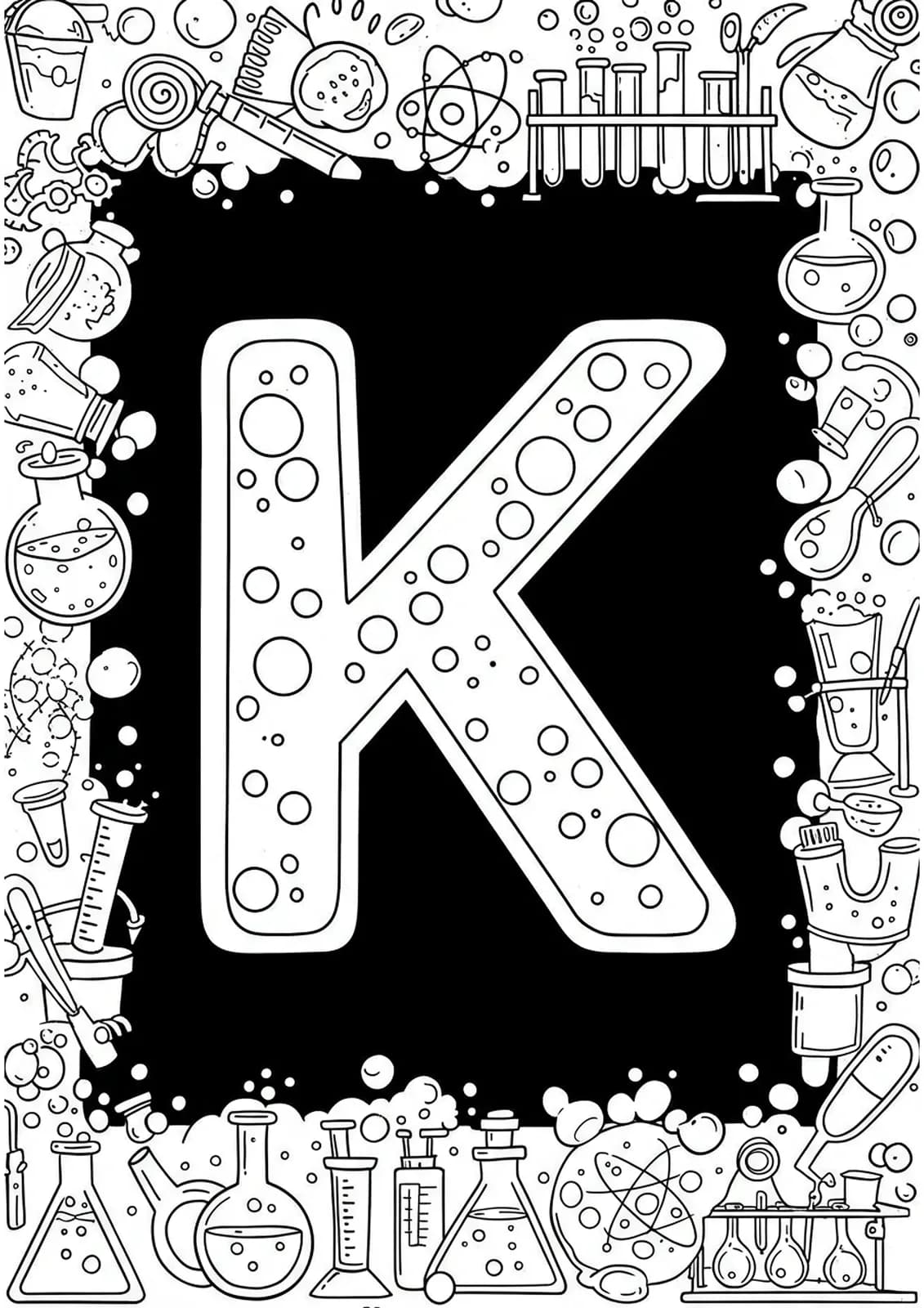 Coloring page showing the letter K with detailed beakers, potions, and science tools.