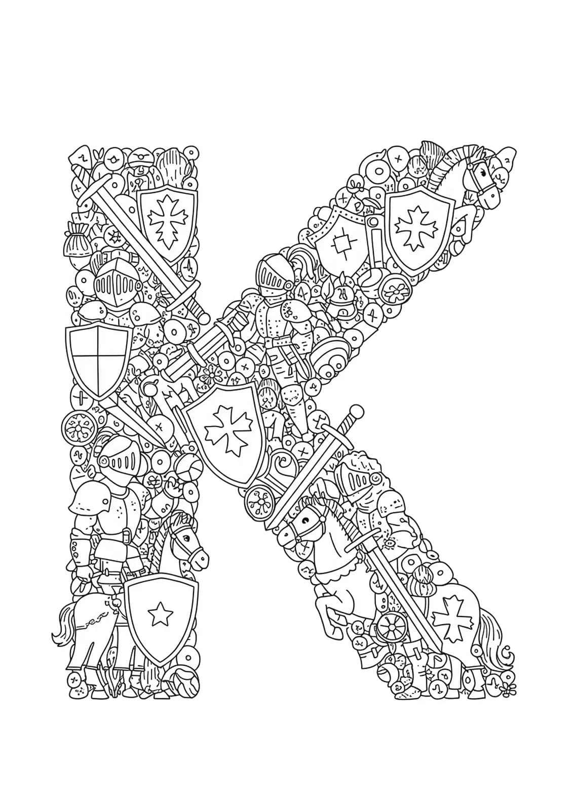 Coloring page with the letter K, detailed knights in armor, shields, swords, and horses.