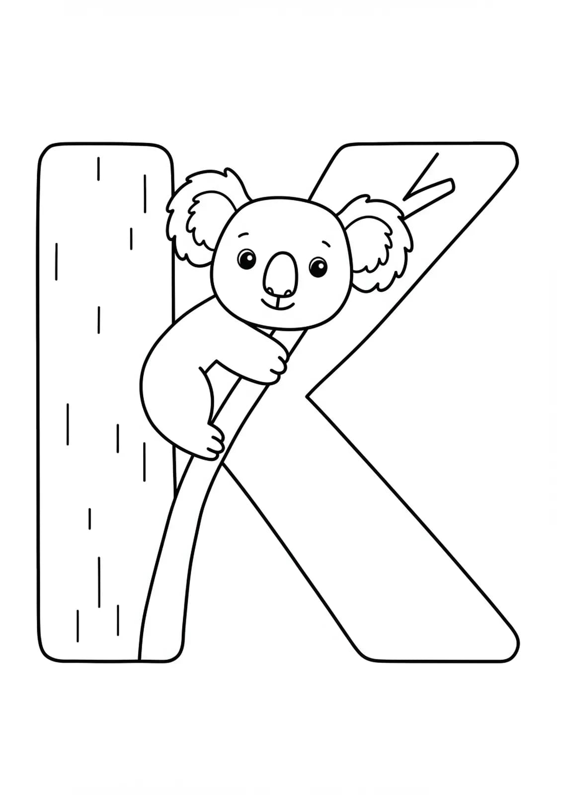 A large letter K with a simple cartoon koala hanging from a tree branch.