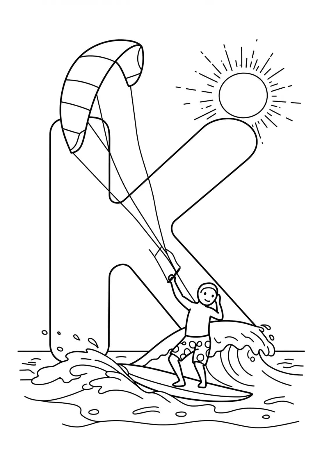 Large letter K with a person kite surfing on ocean waves, beach and sun in the background.