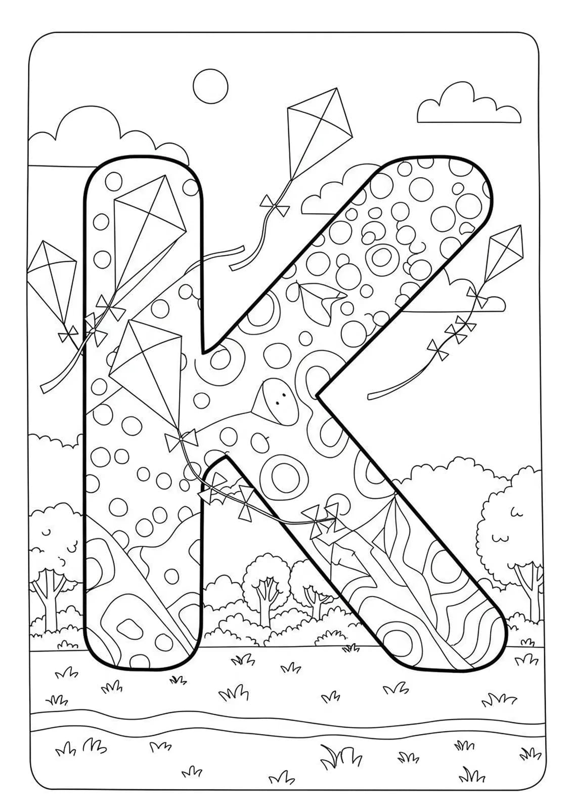Large letter K with several kites flying, trees, and clouds in the background, designed for preschool coloring.