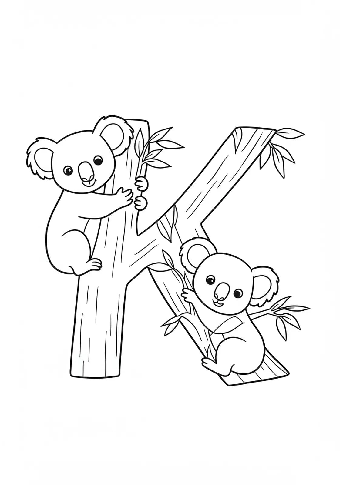 Letter K with two koalas clinging to a tree branch, leaves all around.
