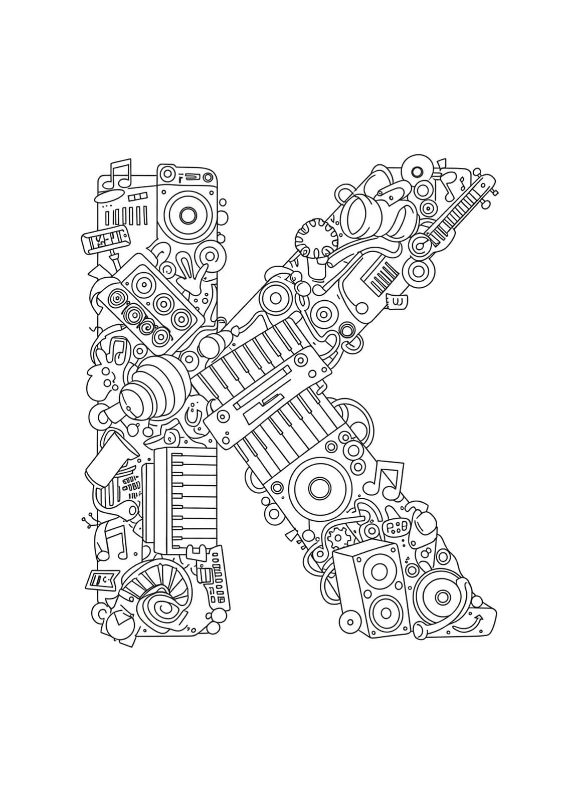 Letter K coloring page with music festival items like stage lights and speakers, outlined in black and white.