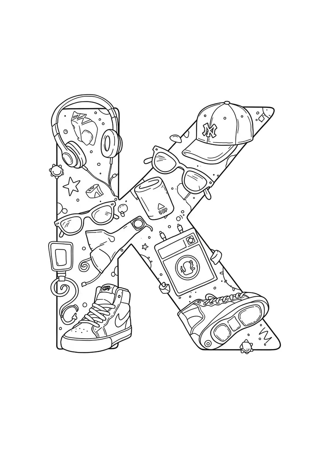 Letter K coloring page with street fashion items like sneakers and headphones, black and white line art.