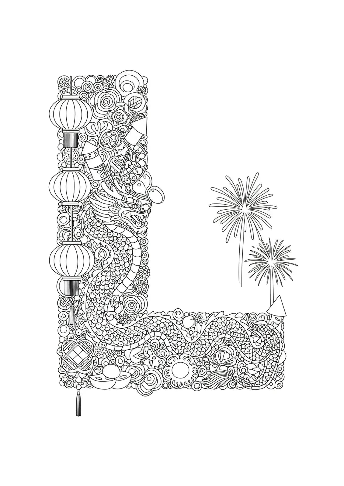 Coloring page with letter L, ornate lanterns, dragons, and fireworks celebrating Lunar New Year.