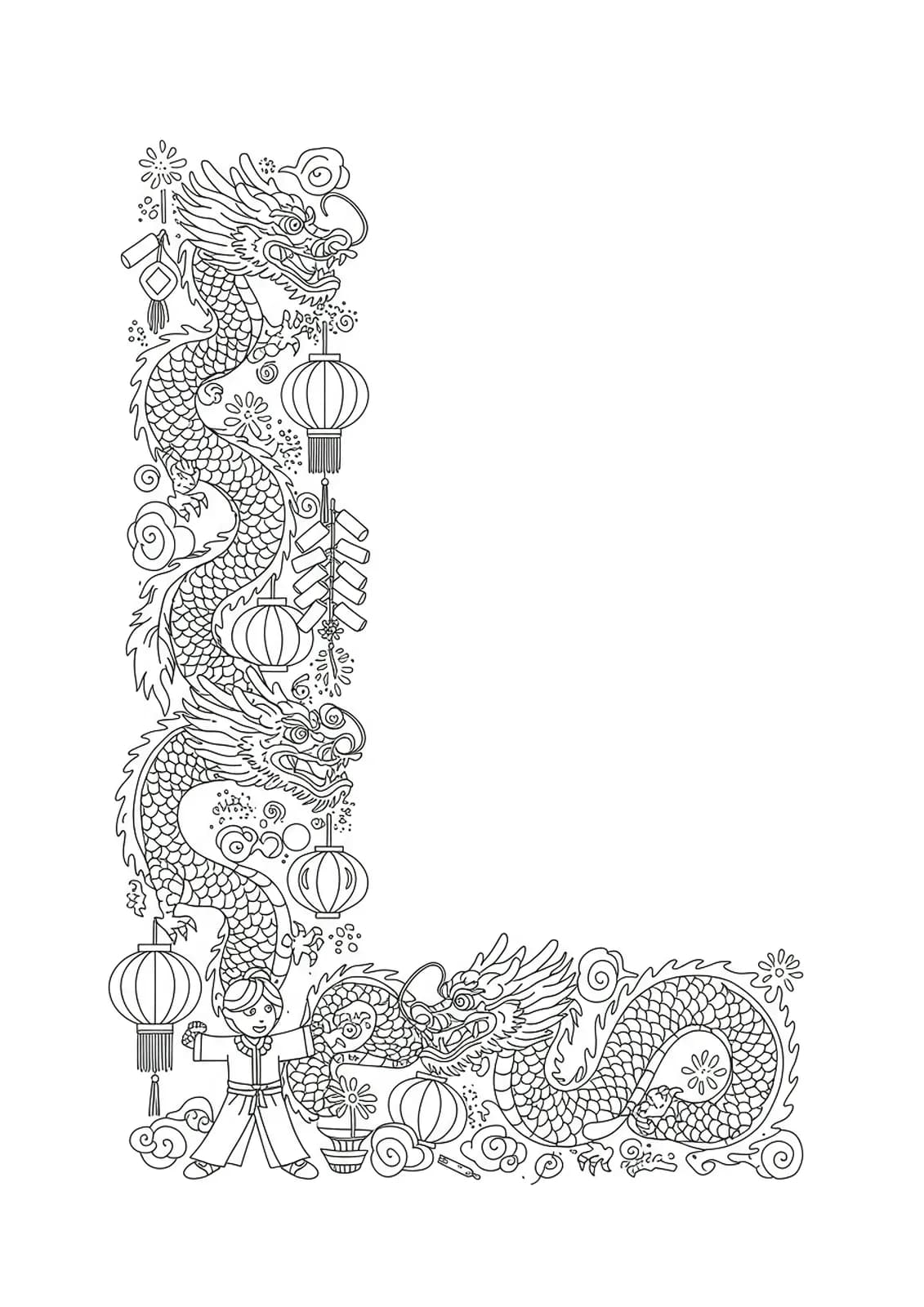 Coloring page with the letter L, Lunar New Year dragons, lanterns, firecrackers, and dancers, medium detail.