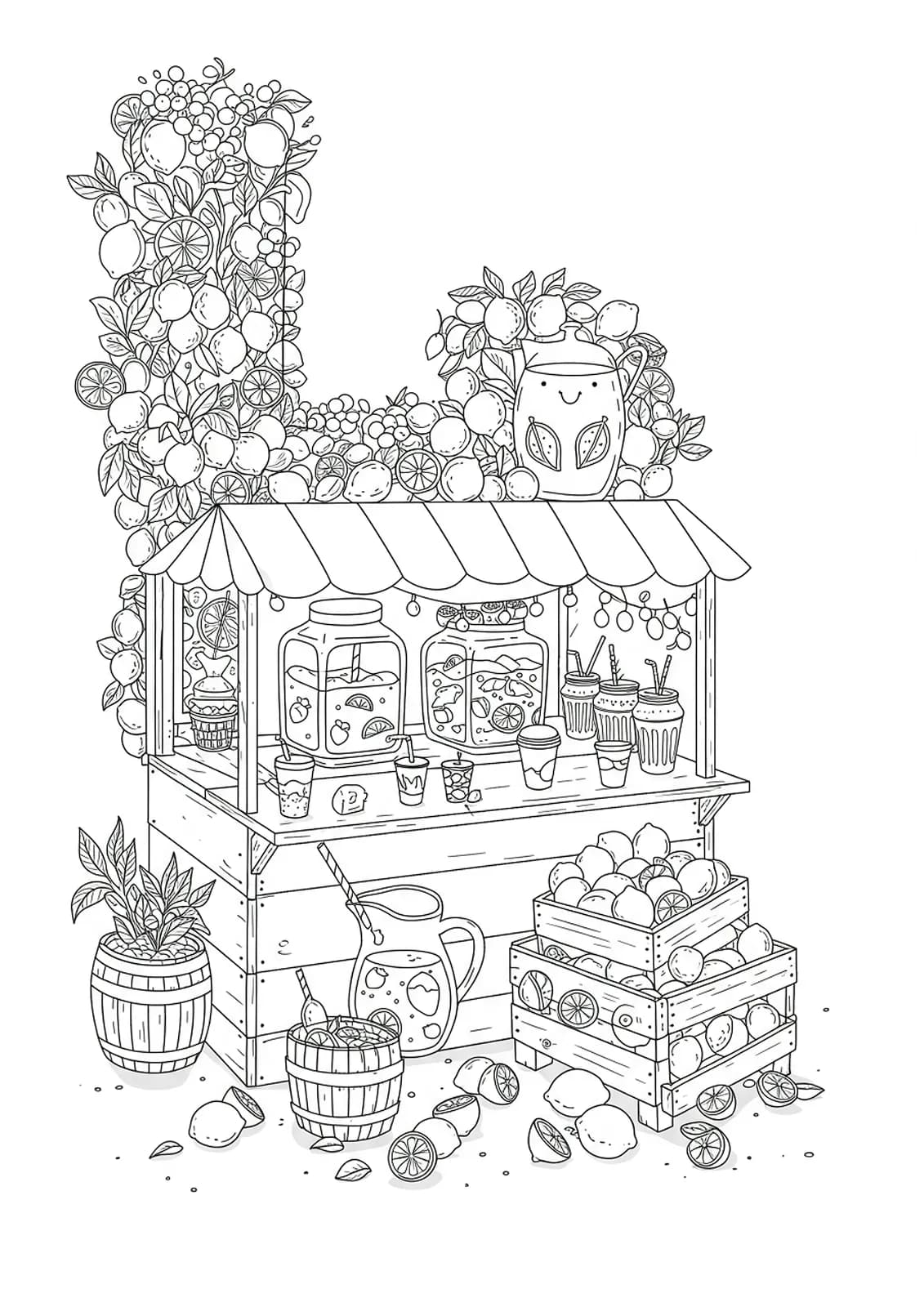 Letter L with a detailed lemonade stand, lemons, cups, and decorative summer elements for preschoolers