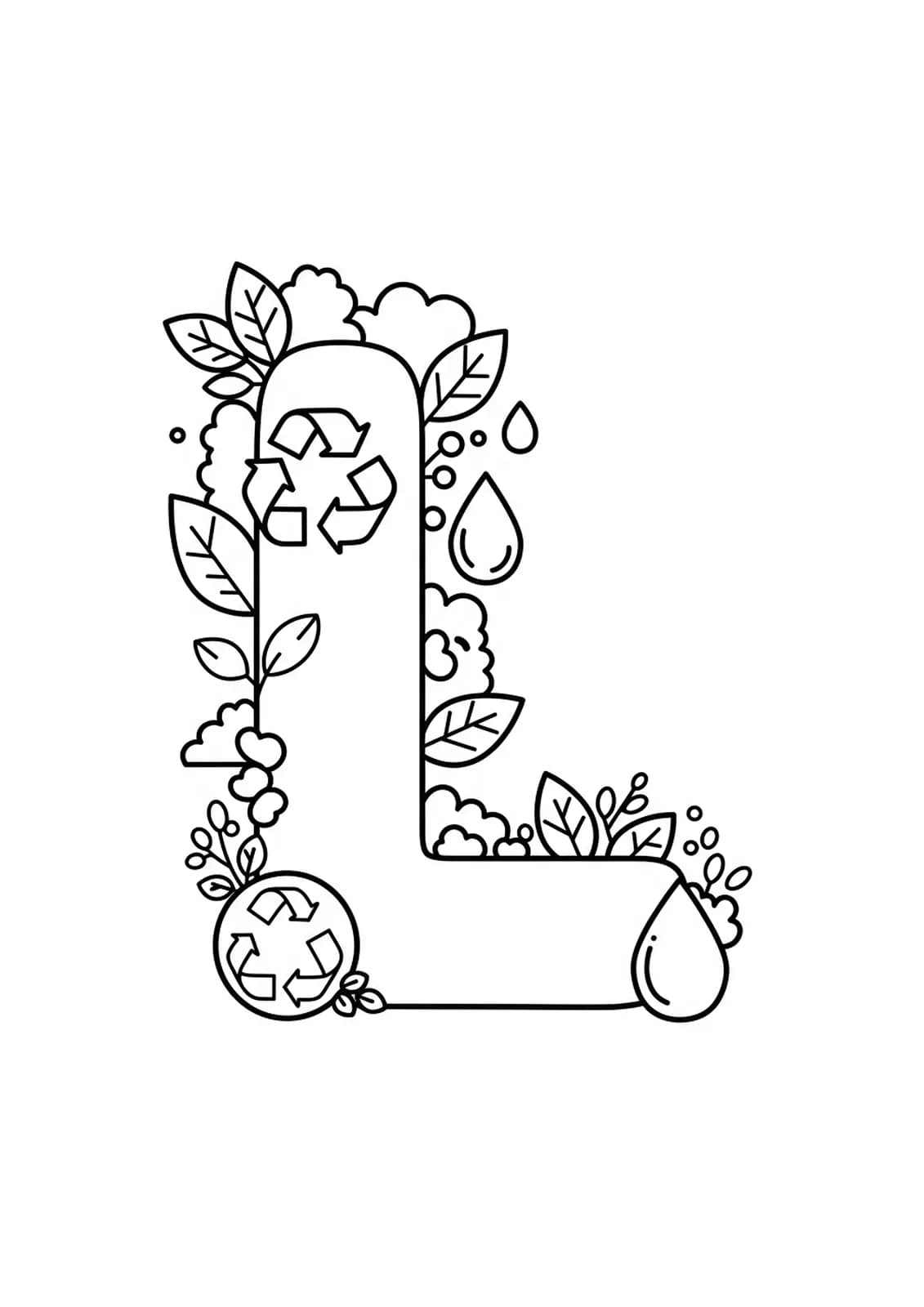 Simple coloring page of the letter L with recycling sign, water drops, and leaves, easy lines for teens.