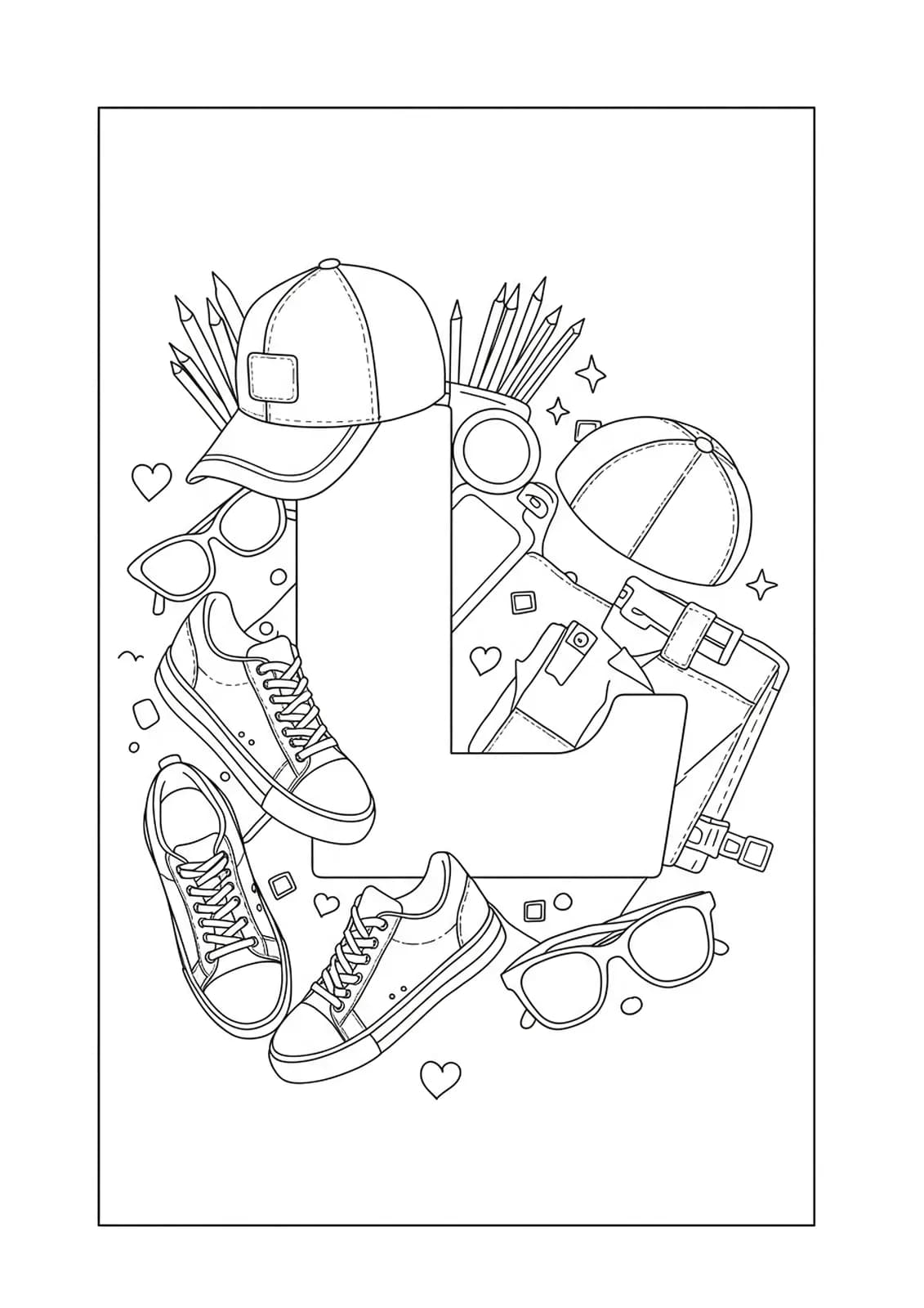 Simple coloring page of the letter L with sneakers, sunglasses, and hats around it, easy outlines for teens.