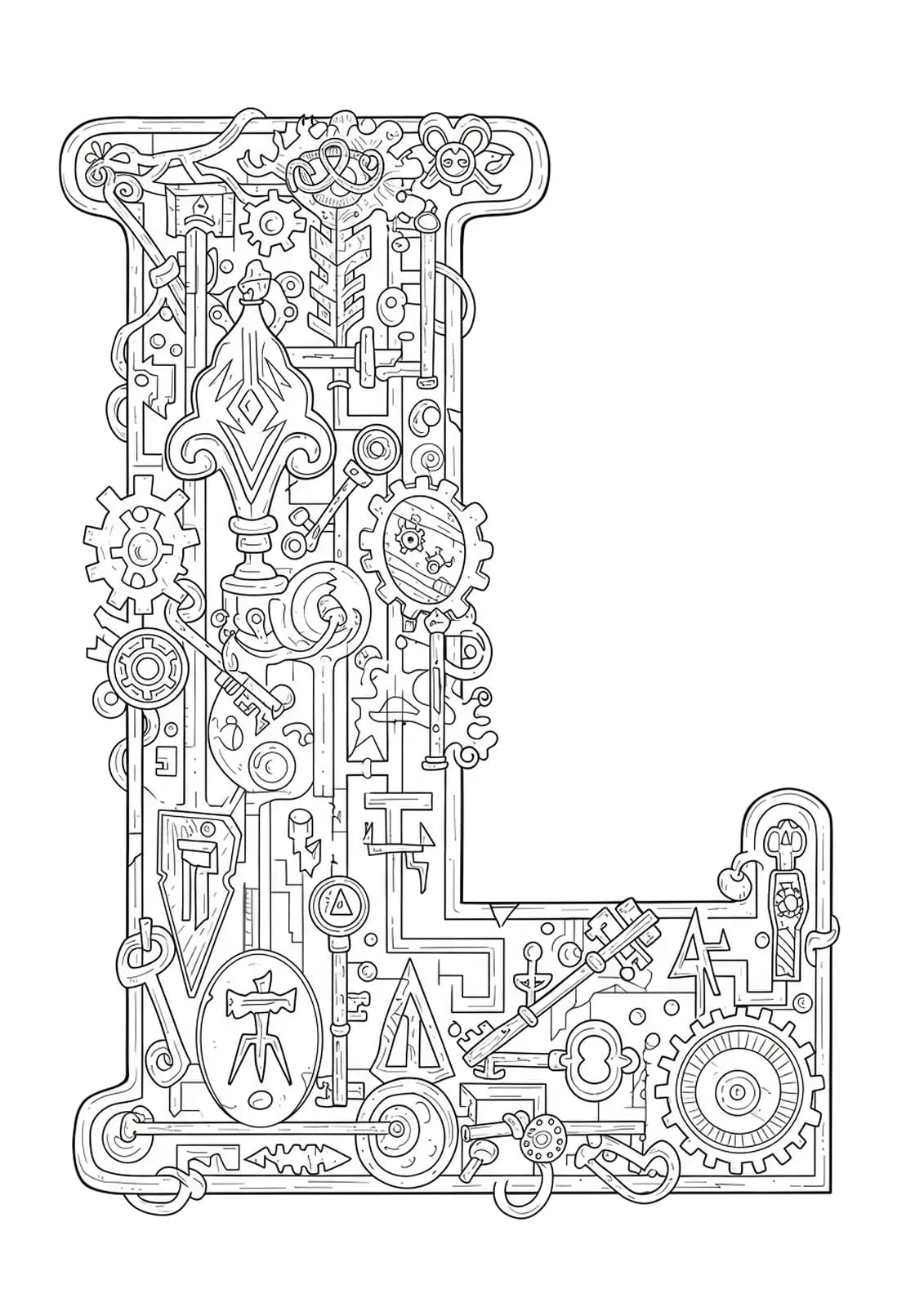 A letter L embedded in a detailed labyrinth with keys, gears, and mythical symbols throughout the maze.