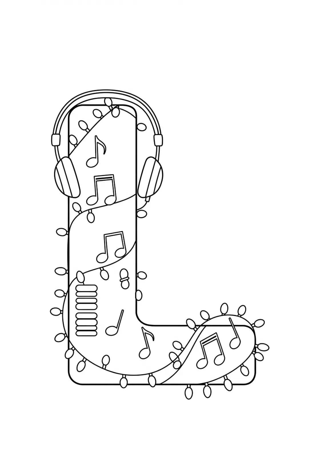 Simple coloring page of the letter L with music notes, headphones, and festival lights, easy shapes for teens to color.