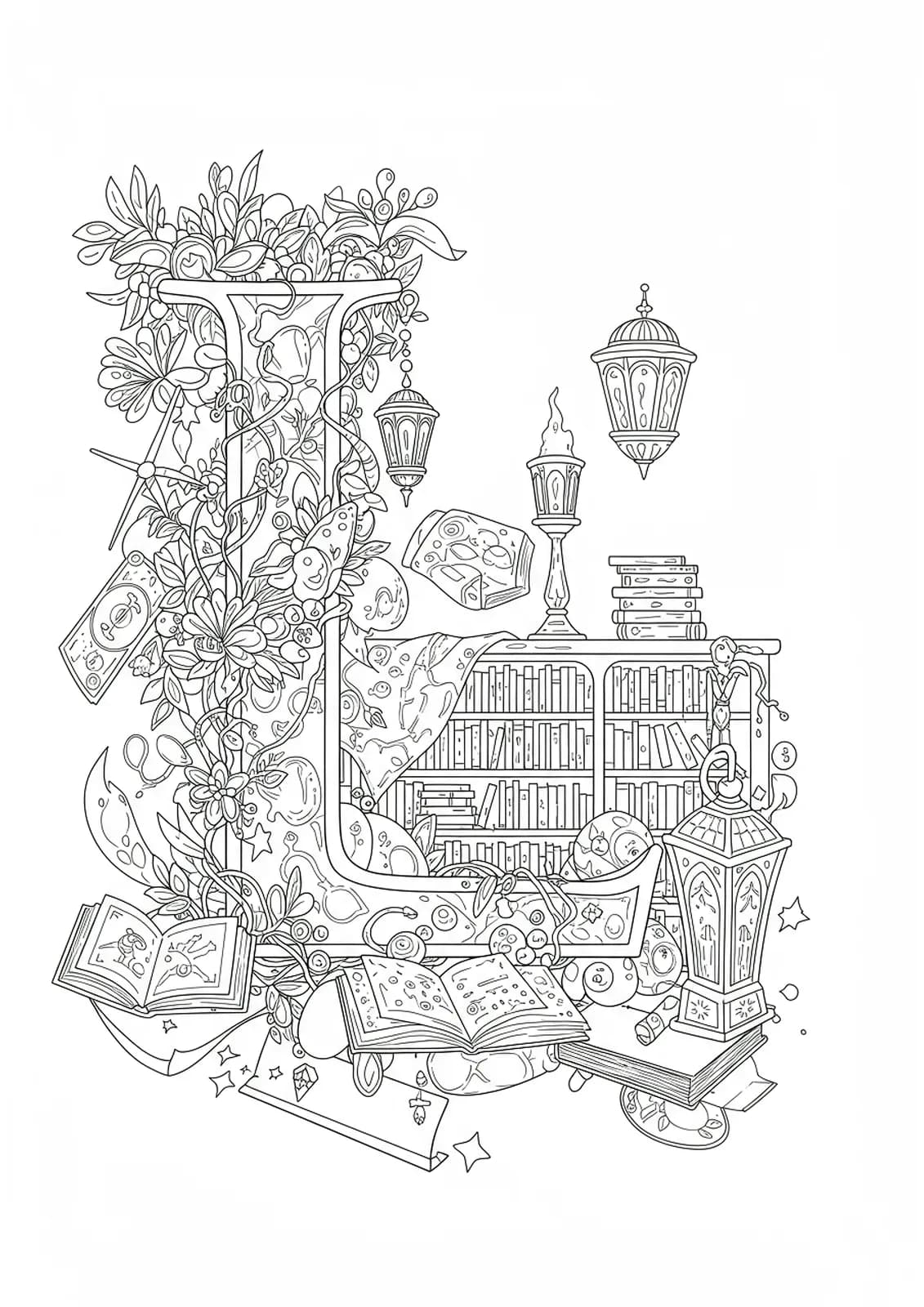 Enchanted library-themed Letter L with detailed bookshelves, floating books, and magical symbols, hard level.